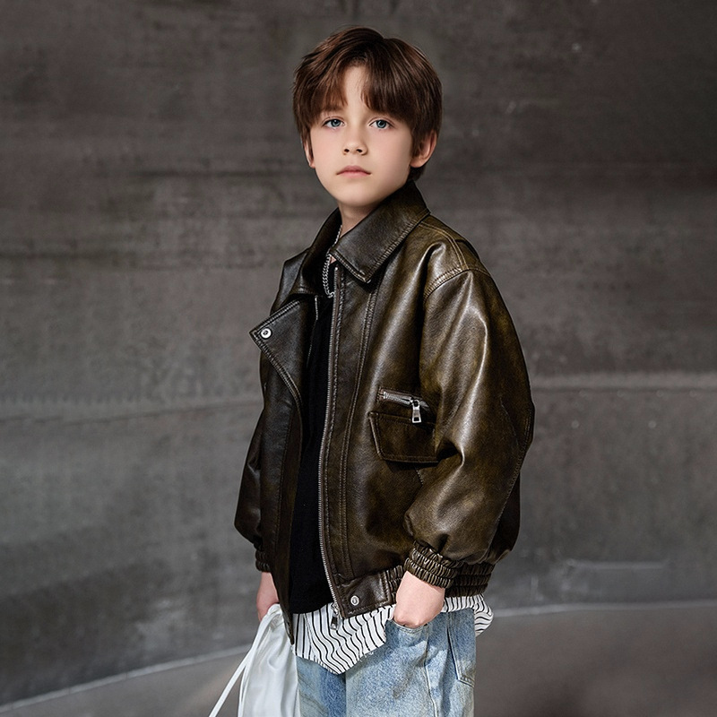 Streetwear Brands Logo - 男の子ダークグリーン防水防風コート 2-12Y 子供ブラックロックオートバイ Pu レザージャケット子供ストリート写真撮影着用