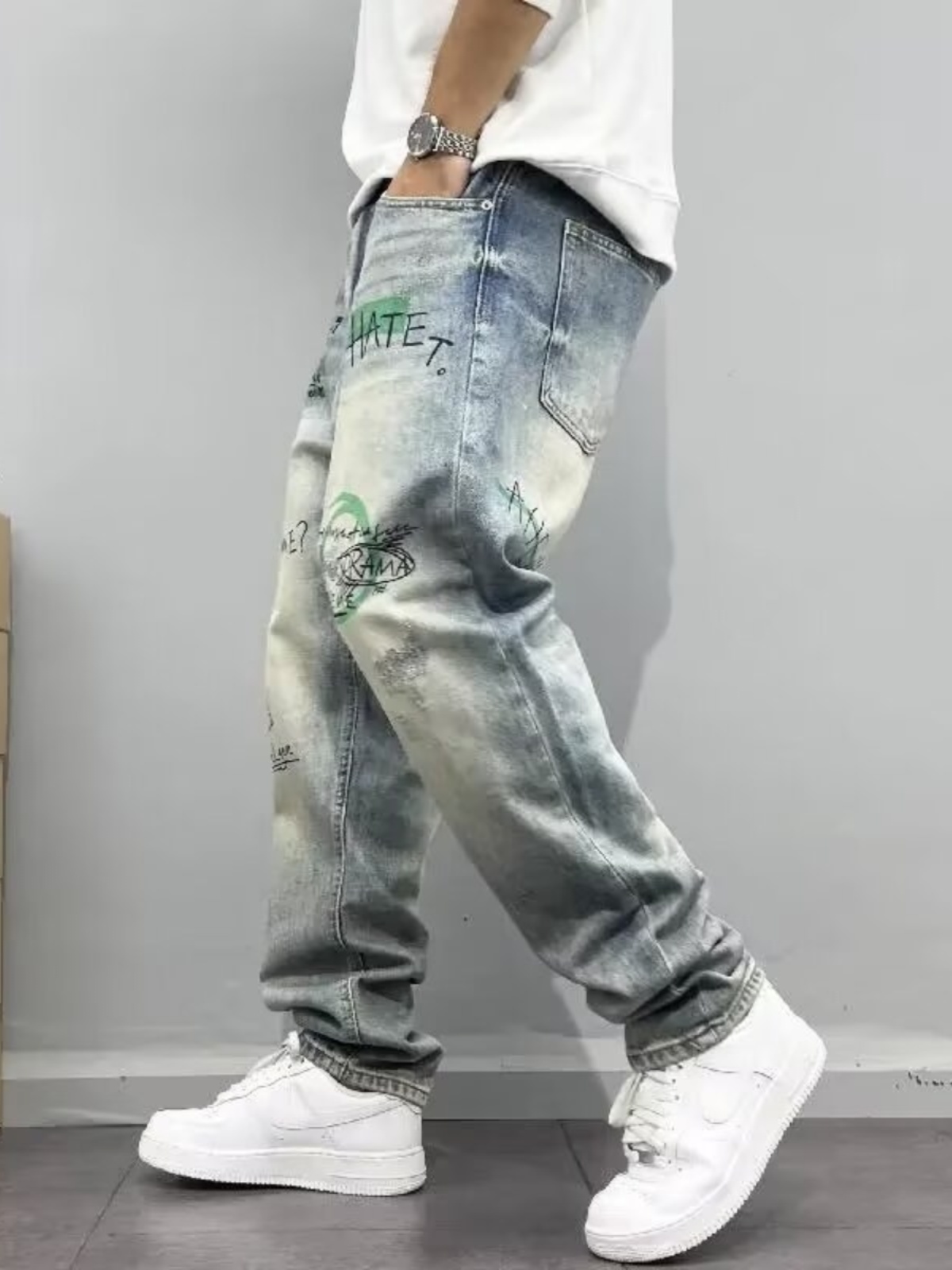 Streetwear Brand Denim - レトロアメリカンストリートウェアメンズルーズフィットストレートレッグジーンズハイストリートファッションブランドヒップホップロングパンツユースカジュアルウェア