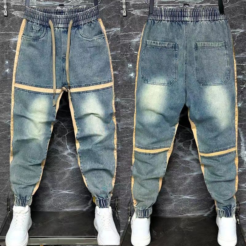 Streetwear Brand Denim - メンズブルーデニムハーレムパンツ,スプライスカットジーンズ,ヒップホップストリートウェア,ブランド衣類,新しいコレクション2021