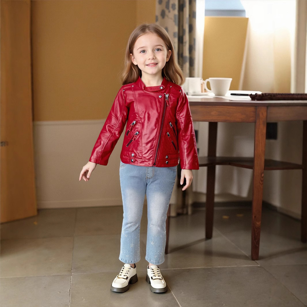 Streetwear Brands Logo - ティーンキッズストリート写真撮影着用 2-12Y 女の子クリスマスピンクレッドオートバイ Pu レザージャケット子供防水防風コート