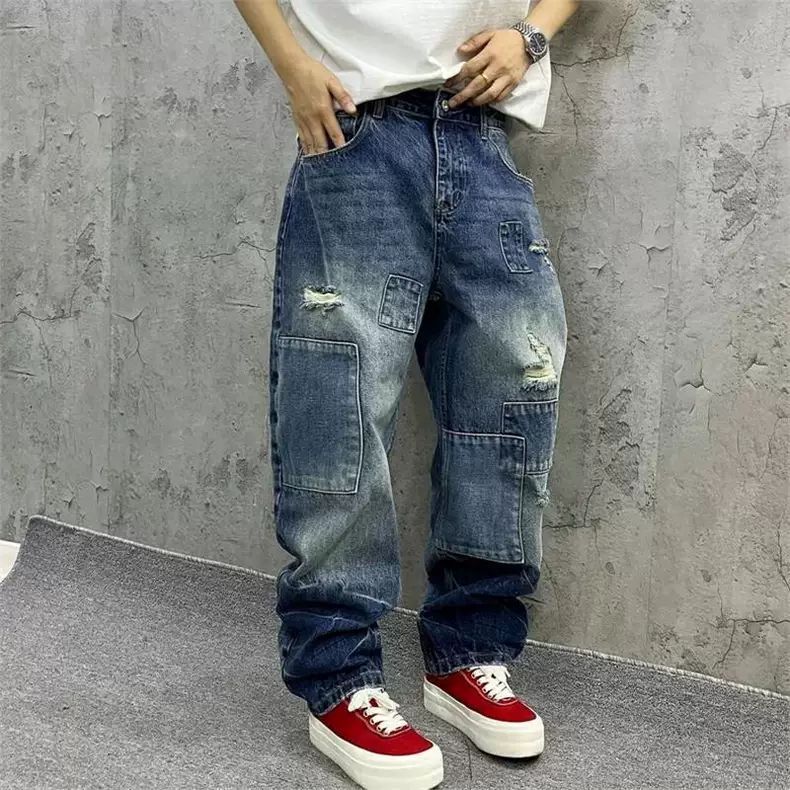 Streetwear Brand Denim - ブランドスプライシングジーンズ 秋ファッション ルーズストレート ハーレムパンツ ウォッシュド ツーリング