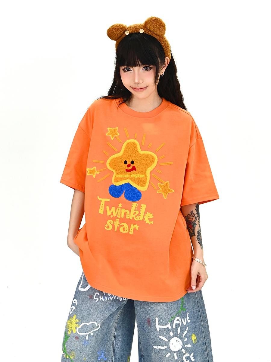 Streetwear Brand Of The Year - レイジーパターン刺繍スターショートスリーブTシャツレディースルーズBF韓国スタイルトレンディブランドカップルサマートップストリートウェア