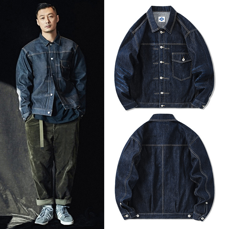 Streetwear Brand Denim - 男性用ダークブルーのデニムジャケット,レトロカジュアルジーンズ,アメリカのカーゴコート,胸ポケット,ラペルストリートウェア,パンク,シンプル