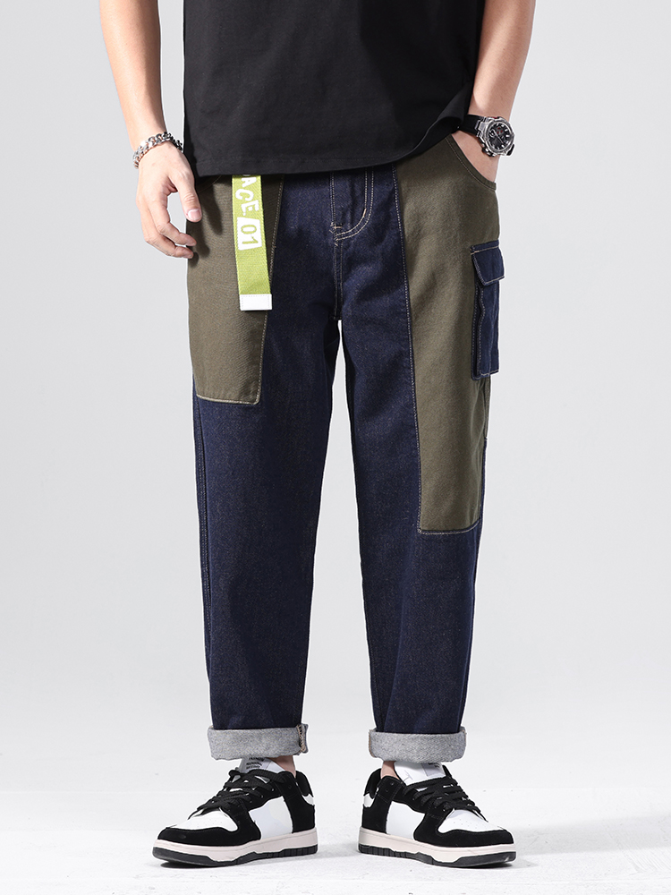 Streetwear Brand Denim - ルーズストレートレッグダッドジーンズメンズトレンディブランドスプライシングカジュアル耐摩耗性春秋ワイドレッグハイストリートデザイン