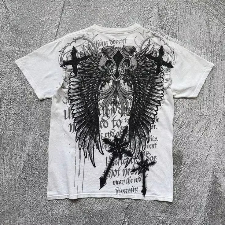 Streetwear Brand Graphics - Y2K ゴシックウィングクロスクラシックアメリカンストリートブランド Tシャツコットングラフィック Tシャツ男性女性夏ストリートウェア