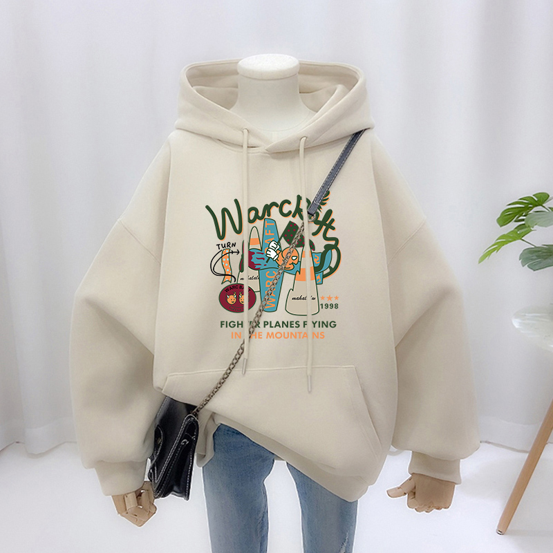 Streetwear Brand Of The Year - オーバーサイズフリース裏地付きパーカー女性の厚みのある秋冬カジュアルストリートブランドルーズフィットプリント長袖Tシャツ