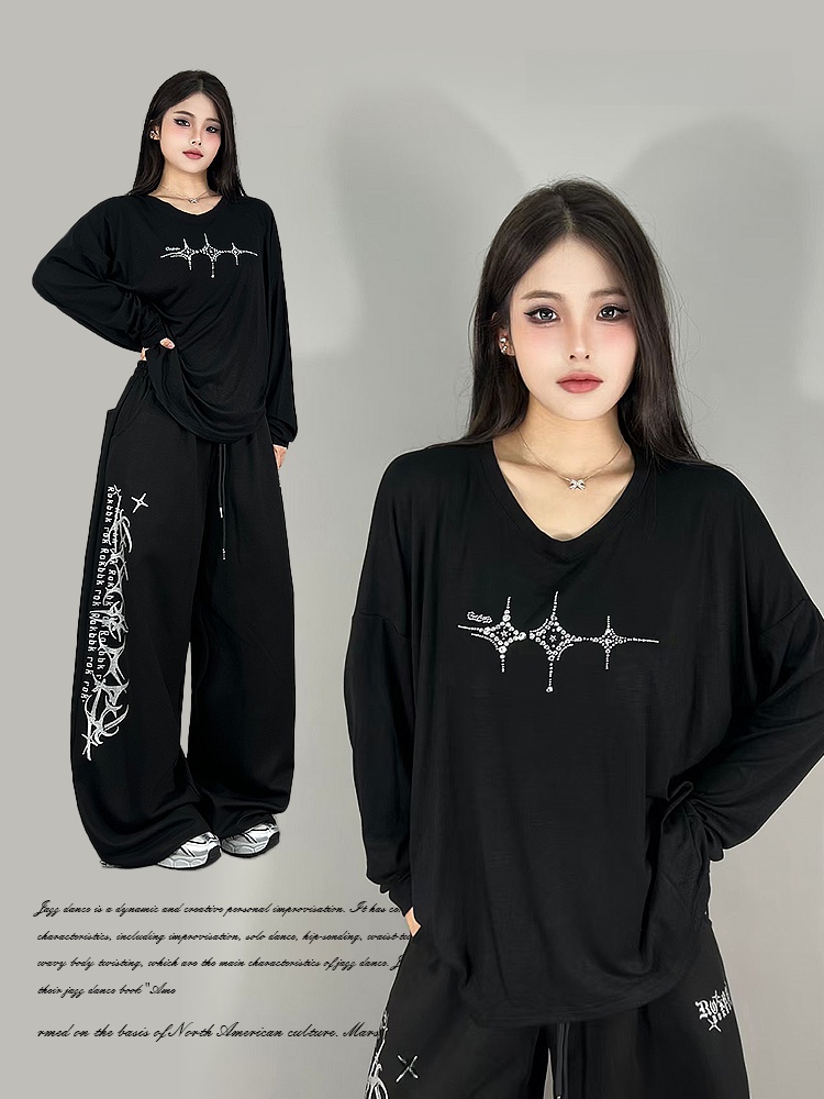 Streetwear Brands Logo - ルーズ長袖ジャズダンスストリートウェア Tシャツ女性のセクシーなオーバーサイズロゴプリントトップス初秋用 ROKBBKK ブランド