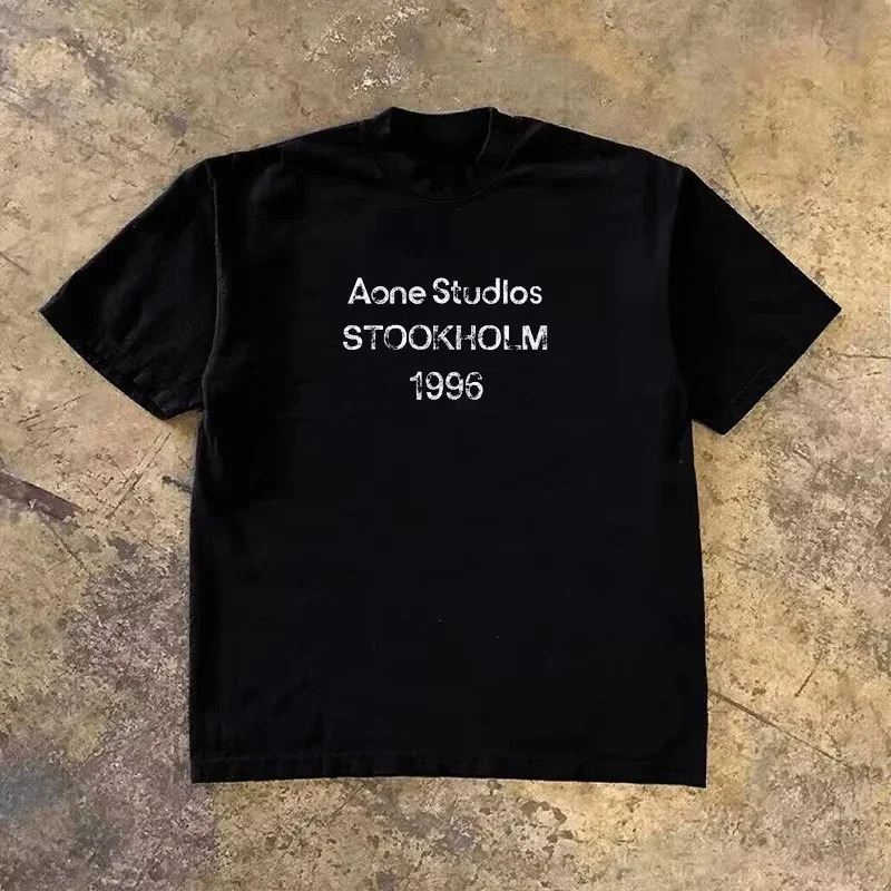 Streetwear Brands Logo - クラシックロゴストックホルム 1996 色褪せた高級ミニマリズムブランド Tシャツコットングラフィック Tシャツ男性女性夏ストリートウェア