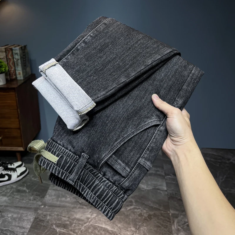 Streetwear Brand Denim - ブランドメンズ新秋ジーンズブラックグレーストレッチスリムストレートデニムパンツトレンディなブランドストリートファッションハンサムな男性パンツ