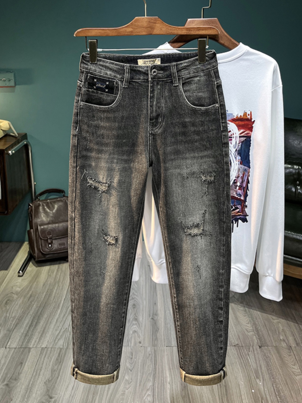 Streetwear Brand Denim - アメリカンハイストリートメンズリップドデニムジーンズカジュアルルーズダッドパンツハーランロングパンツ秋トレンドブランド耐摩耗性